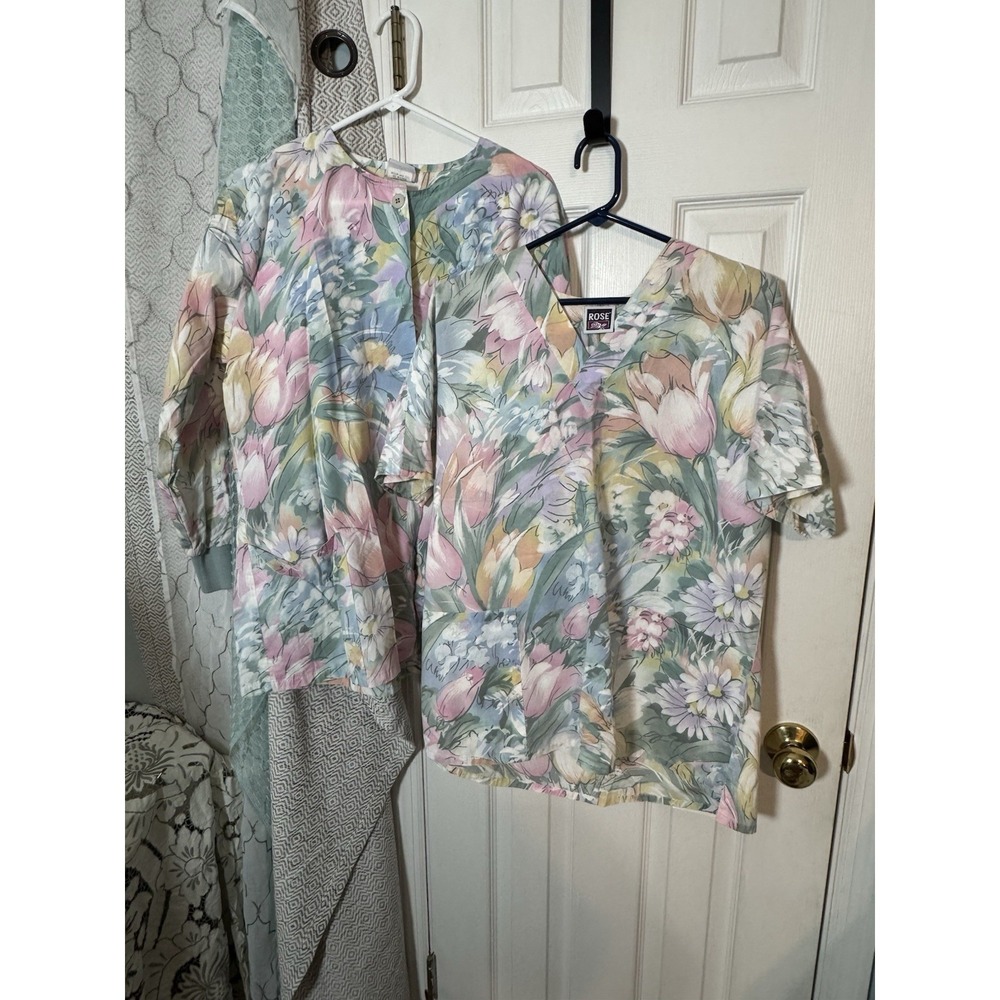 Los Angeles Rose Vintage 2 Piece Scrub Set Pastel Floral Shirt and Jacket Large
